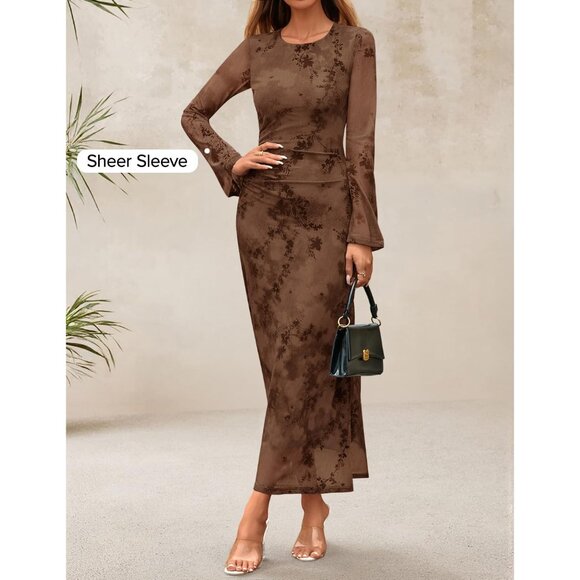 Zesica Women's Tie Dye Brown Ruched Mesh Long Sleeve Floral Bodycon Dress - Picture 5 of 5